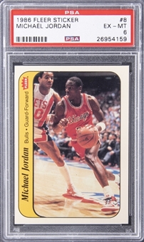 1986-87 Fleer Sticker #8 Michael Jordan Rookie Card - PSA EX-MT 6